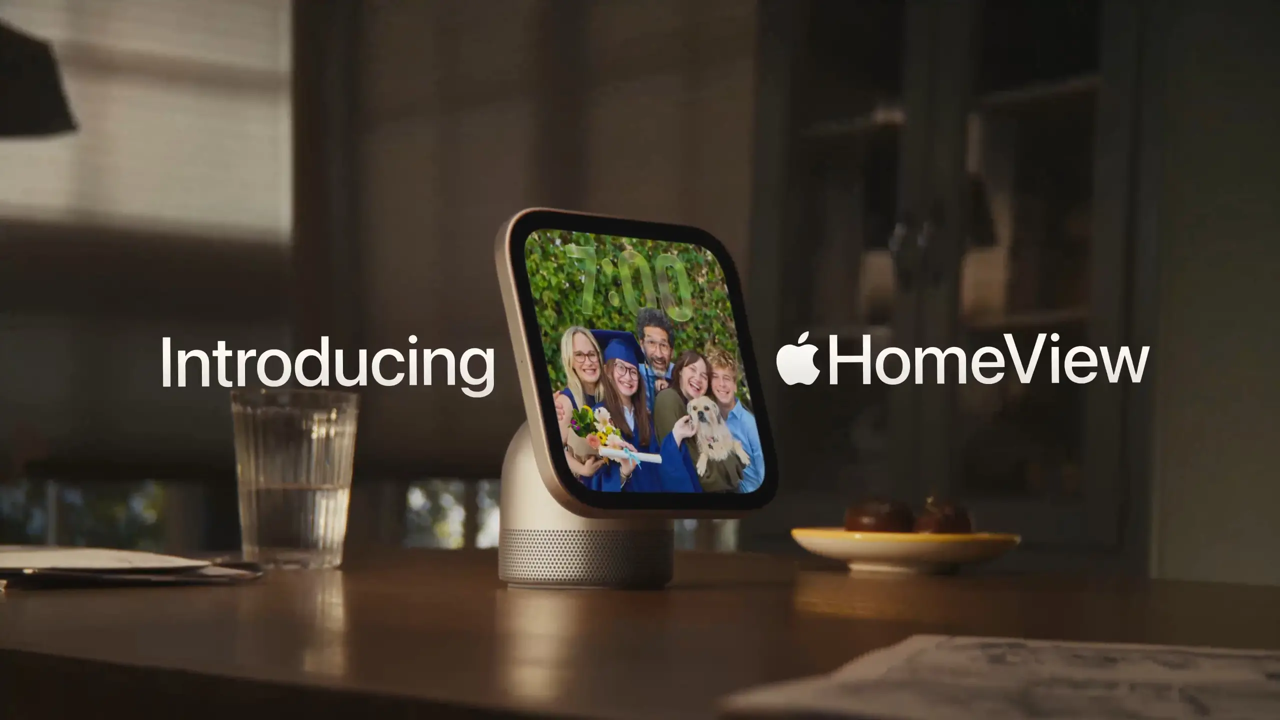 The “Introducing HomeView” title card shot from Apple’s video. It shows a HomeView sitting atop a kitchen island.