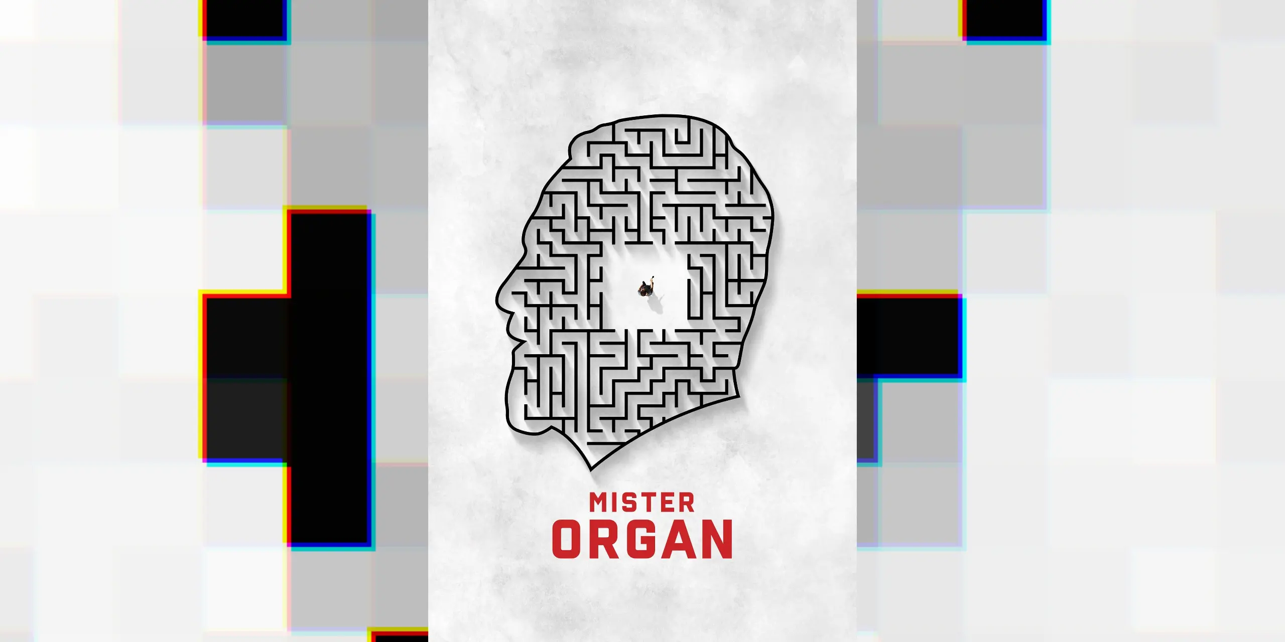 The poster for the documentary Mister Organ super imposed over a pixelated and distorted version of itself.