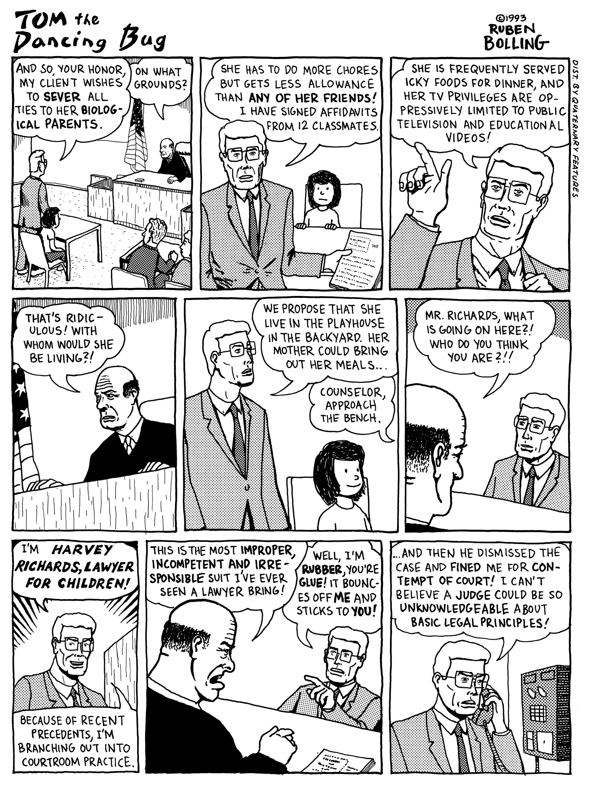 1993 “Tom the Dancing Bug” comic strip, featuring Harvey Richards, lawyer for children, branching out into courtroom practice.