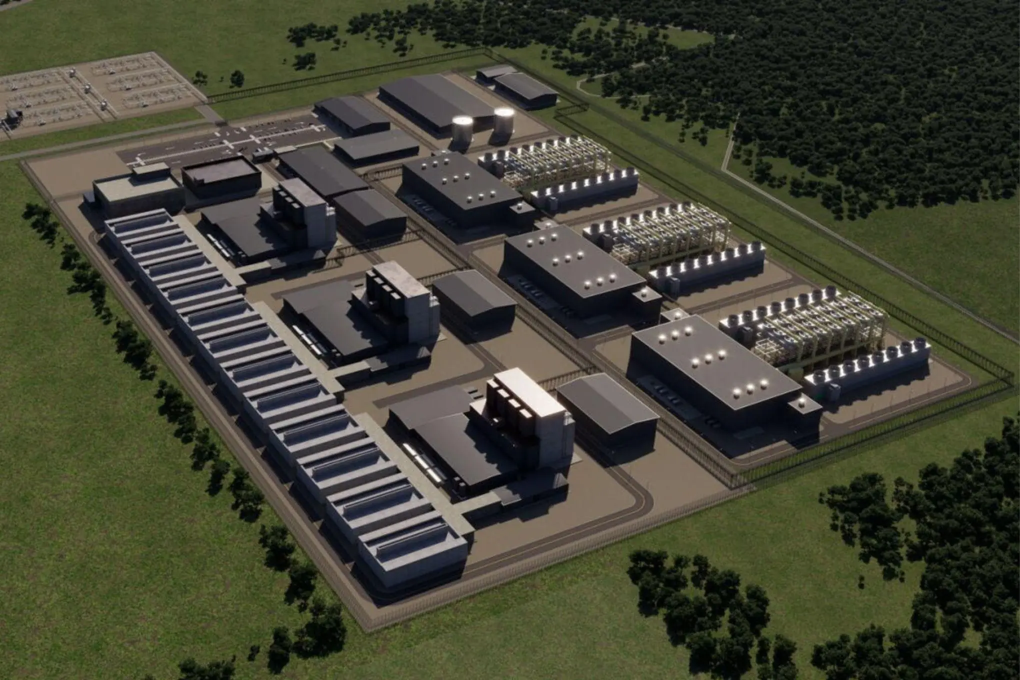 A digital rendering of a promposed nuclear energy plant that Amazon is funding in Indiana.
