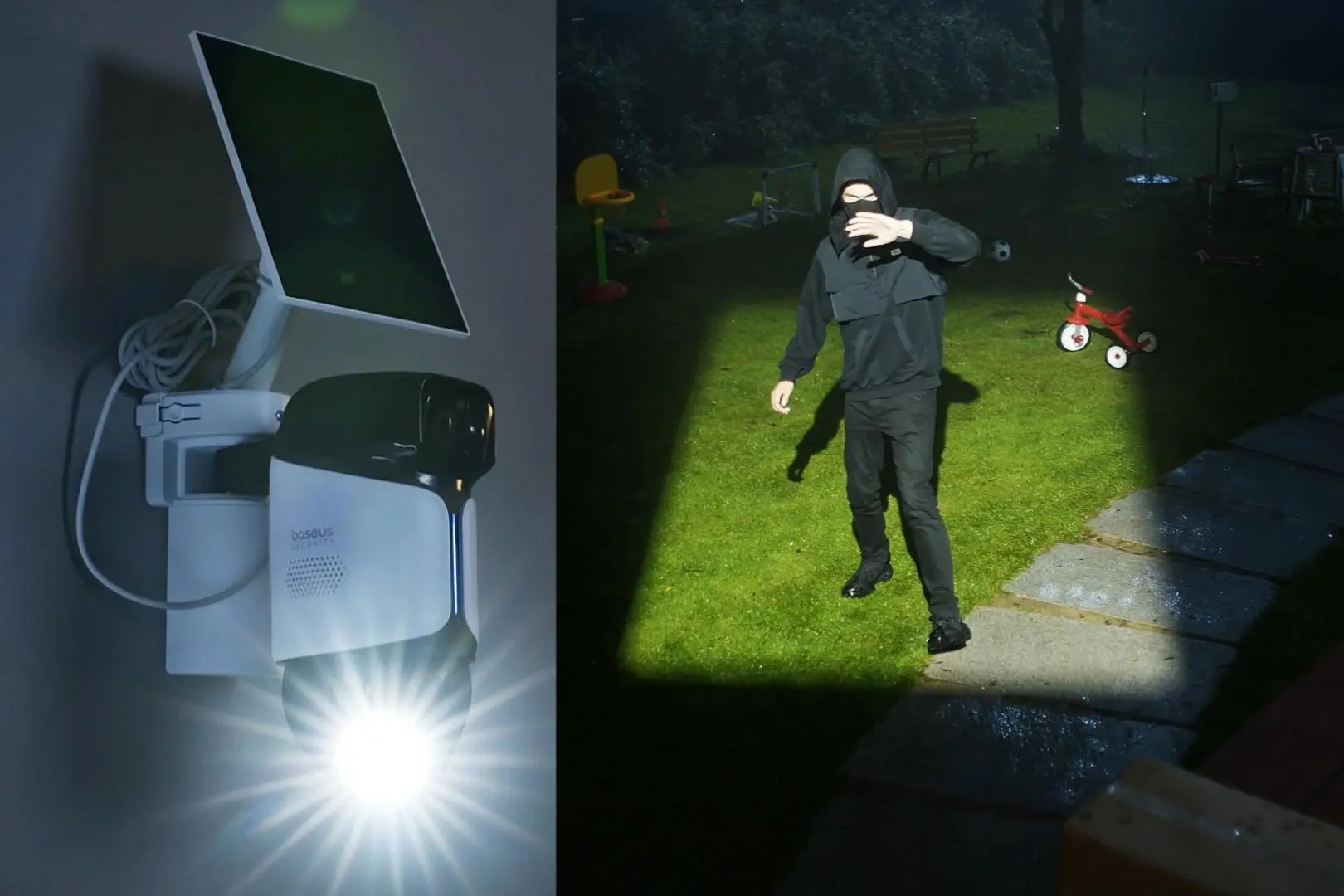 Two images showing the spotlight on the Baseus U2 Pro security camera illuminating an intruder.