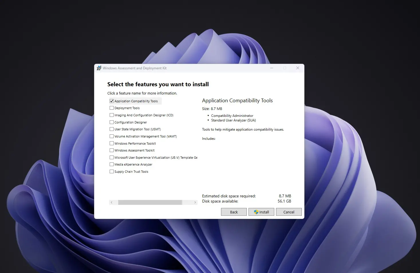 Selecting Application Compatibility Tools in Windows Assessment and Deployment kit