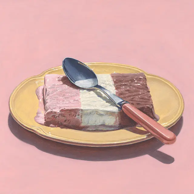 A slice of Neapolitan ice cream on a plate