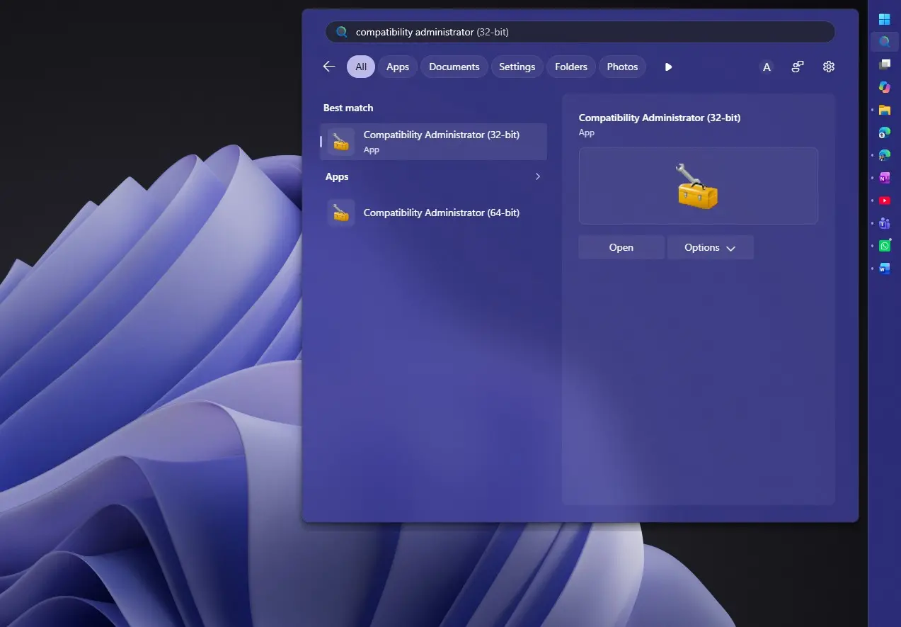 Compatibility Administrator 32 bit in Start