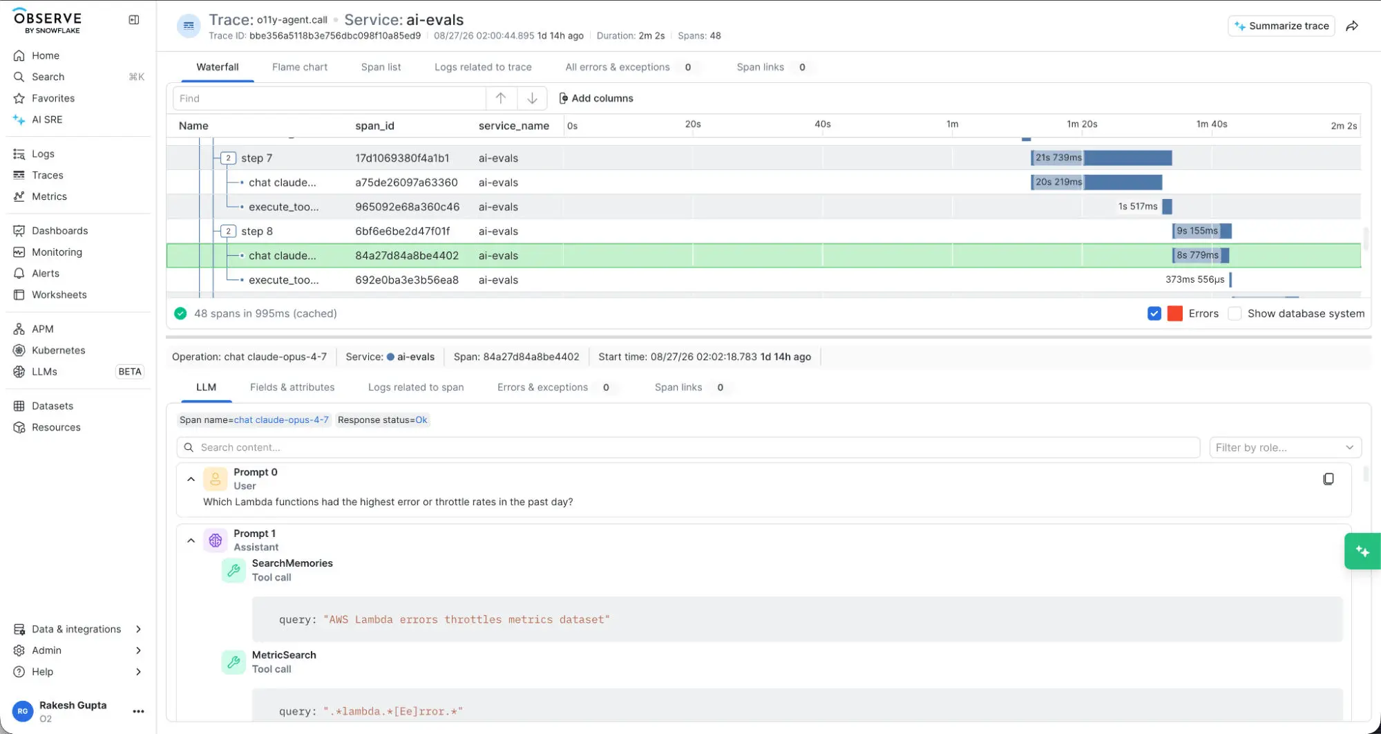 Snowflake Observe distributed tracing waterfall view showing ai-evals service spans and LLM operation details