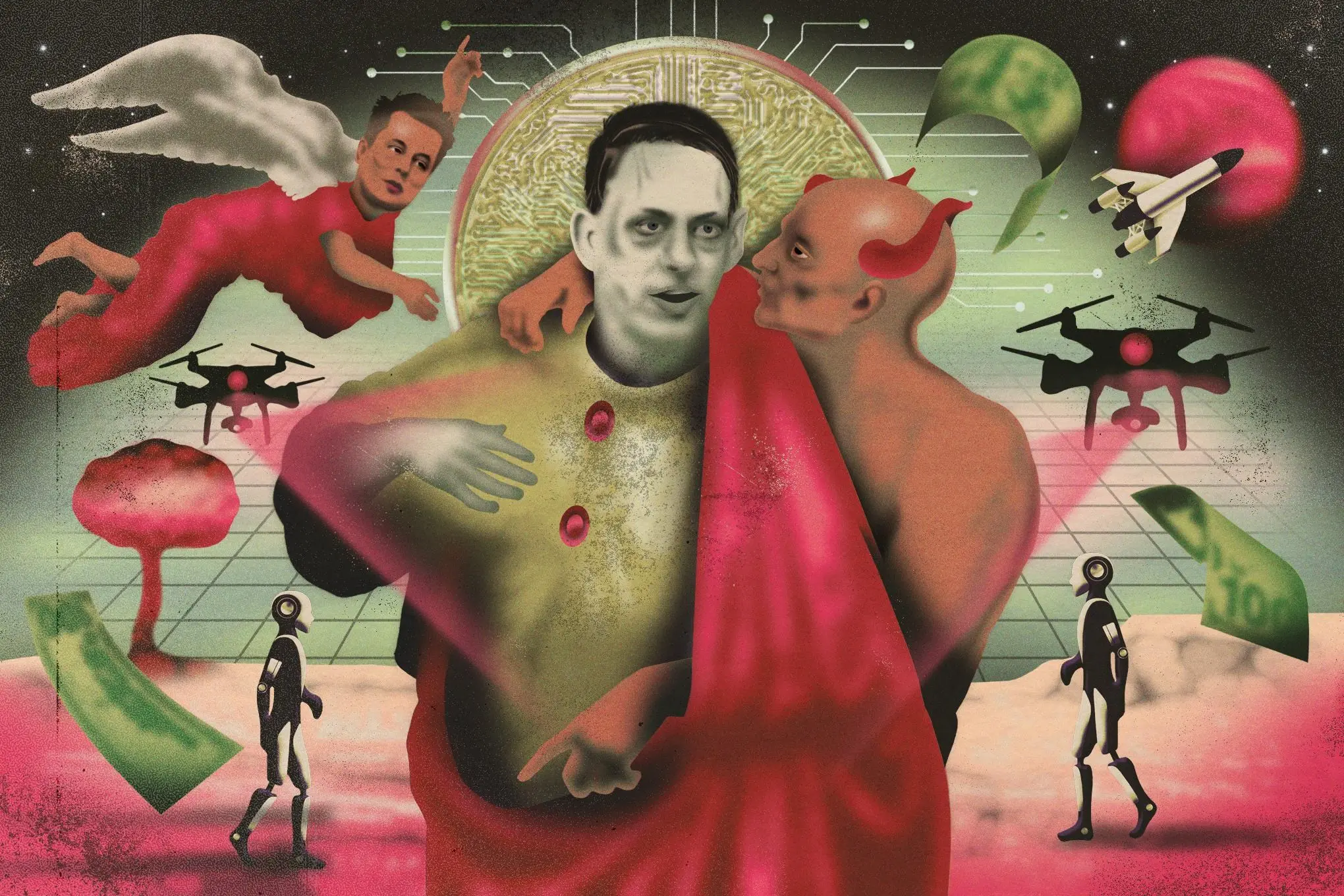 Peter Thiel with a devil whispering in his ear in front of an apocalyptic tech background.
