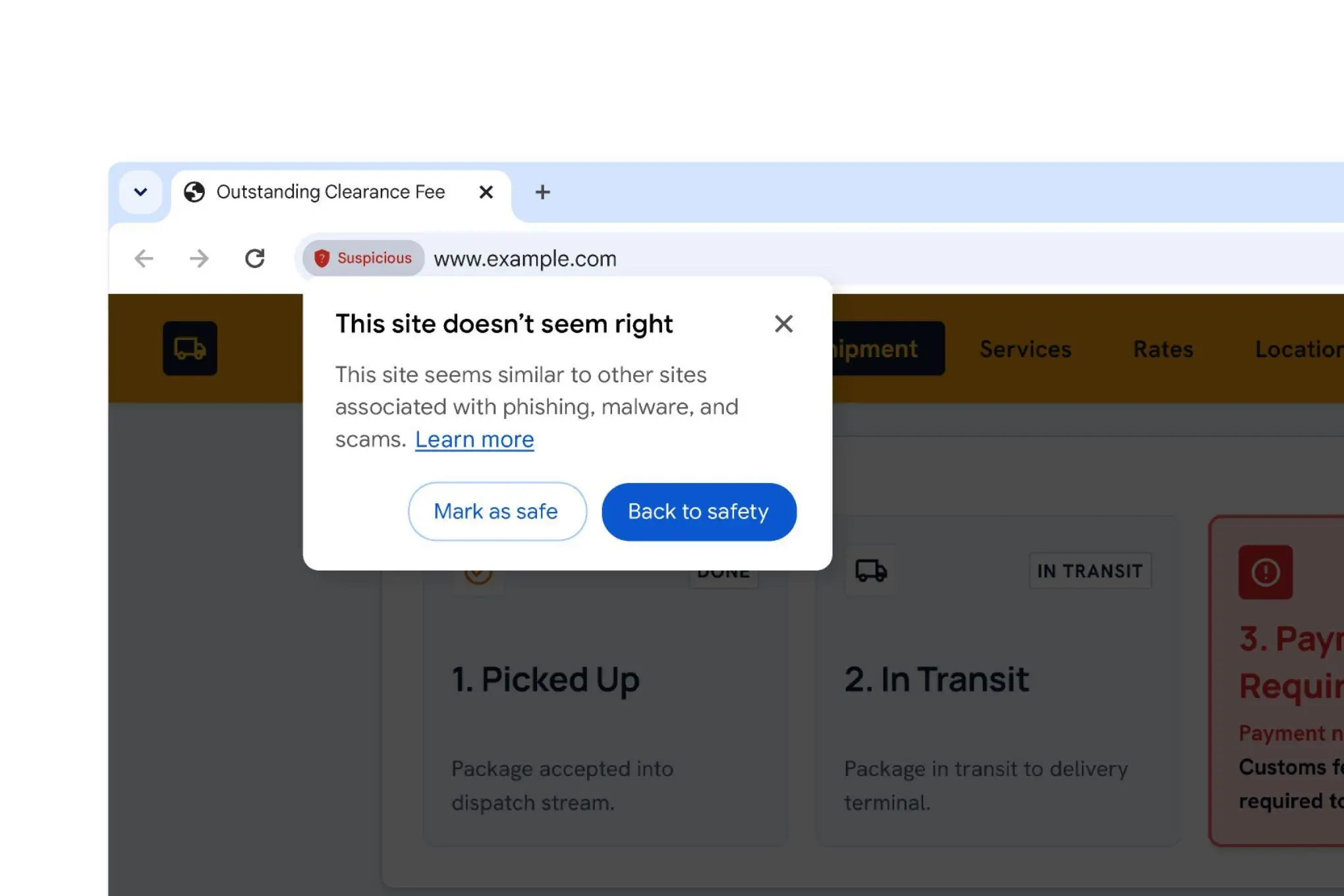 Google Chrome’s new warning message for suspicious websites.