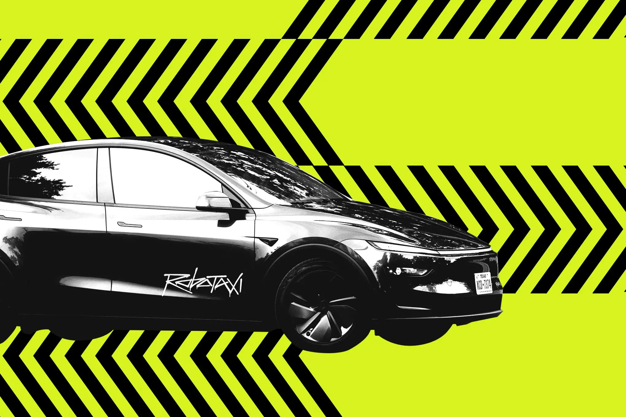 Tesla Robotaxi on a graphic yellow background.