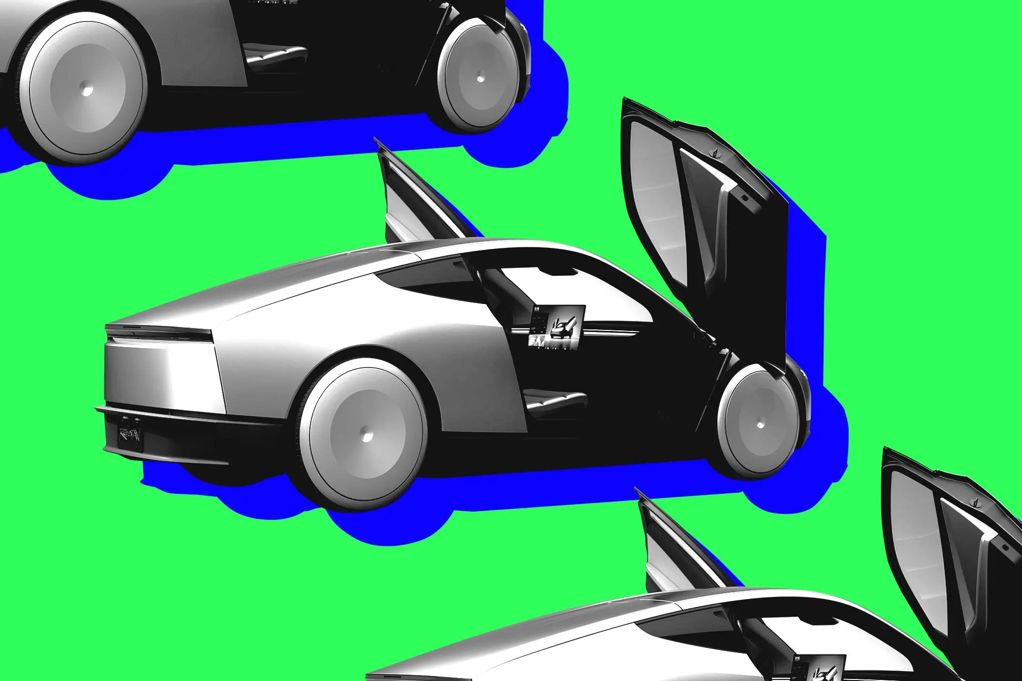 A stylized rendering of Tesla’s Cybercab with its doors swung open appears on a green background.