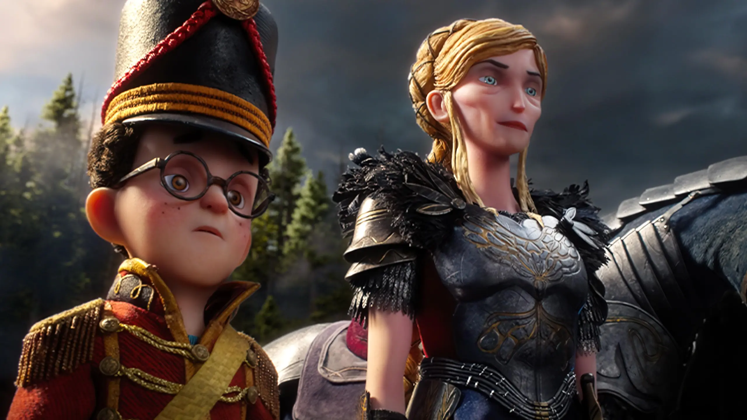 A still from the stop-motion film Wildwood showing a child with glasses in a tall military-style hat next to a woman in armor.