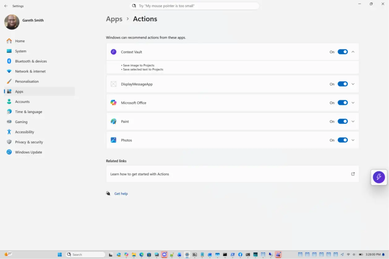 Context Vault's actions in Settings > Apps > Actions still use the older Projects name.