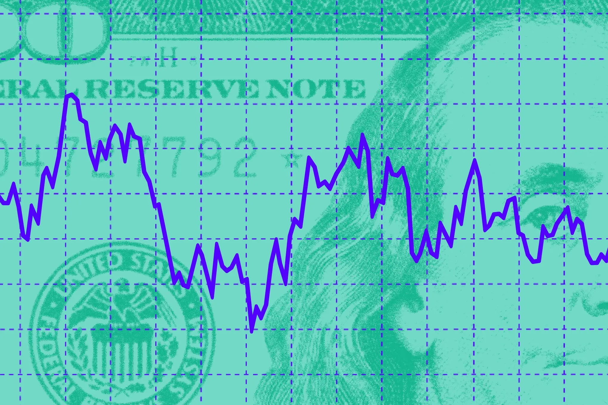 Photo collage of a 100 dollar bill behind a graphic showing market fluctuation.