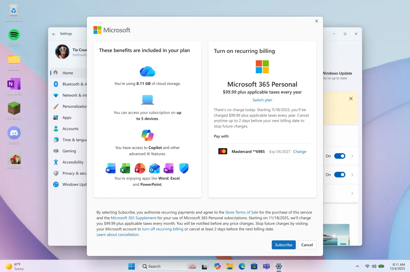 Screenshot that shows to turn on recurring billing for your Microsoft 365 subscription directly in Windows.