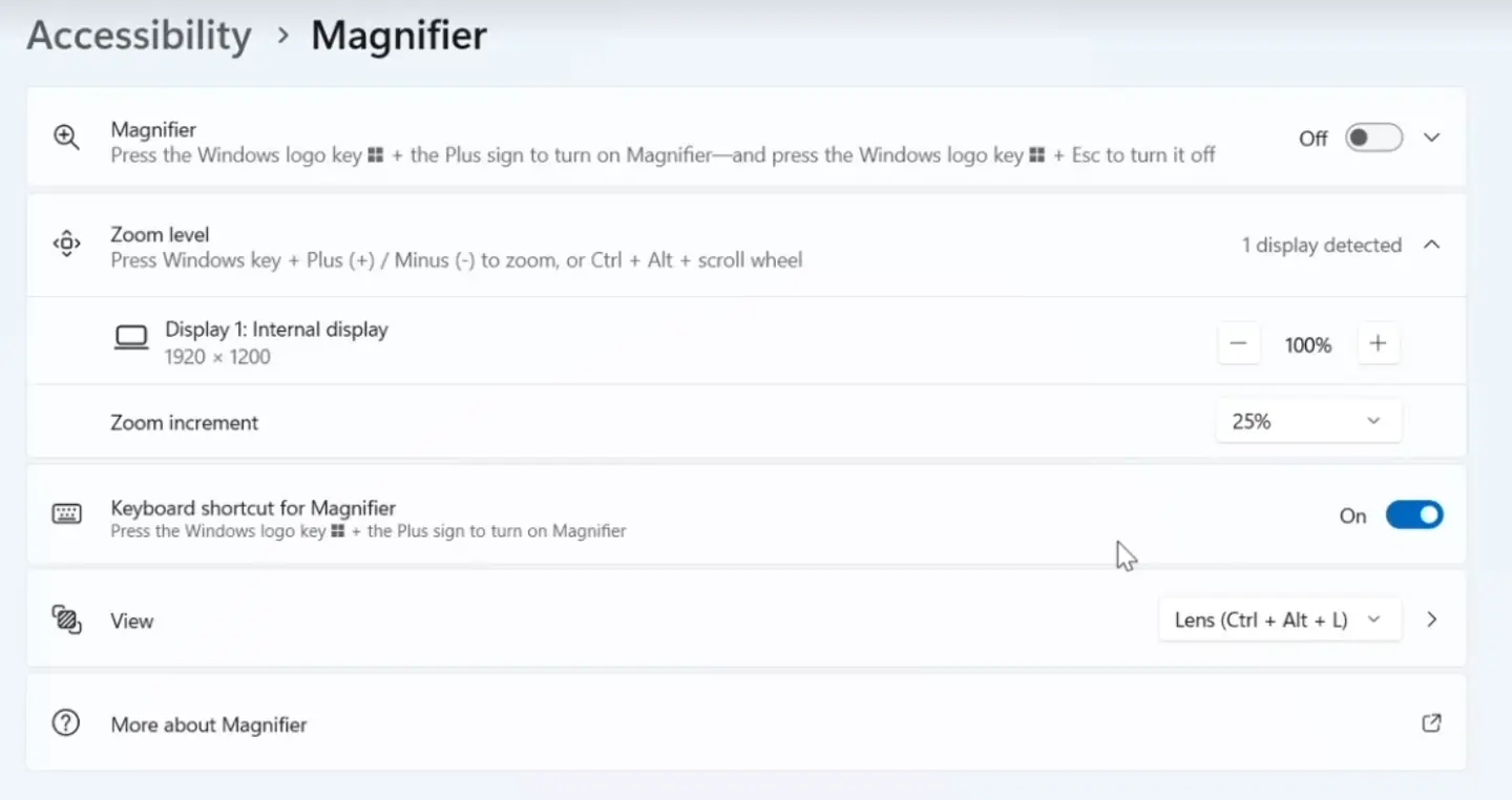 Screenshot that shows new toggle to turn the Magnifier keyboard shortcut on or off.