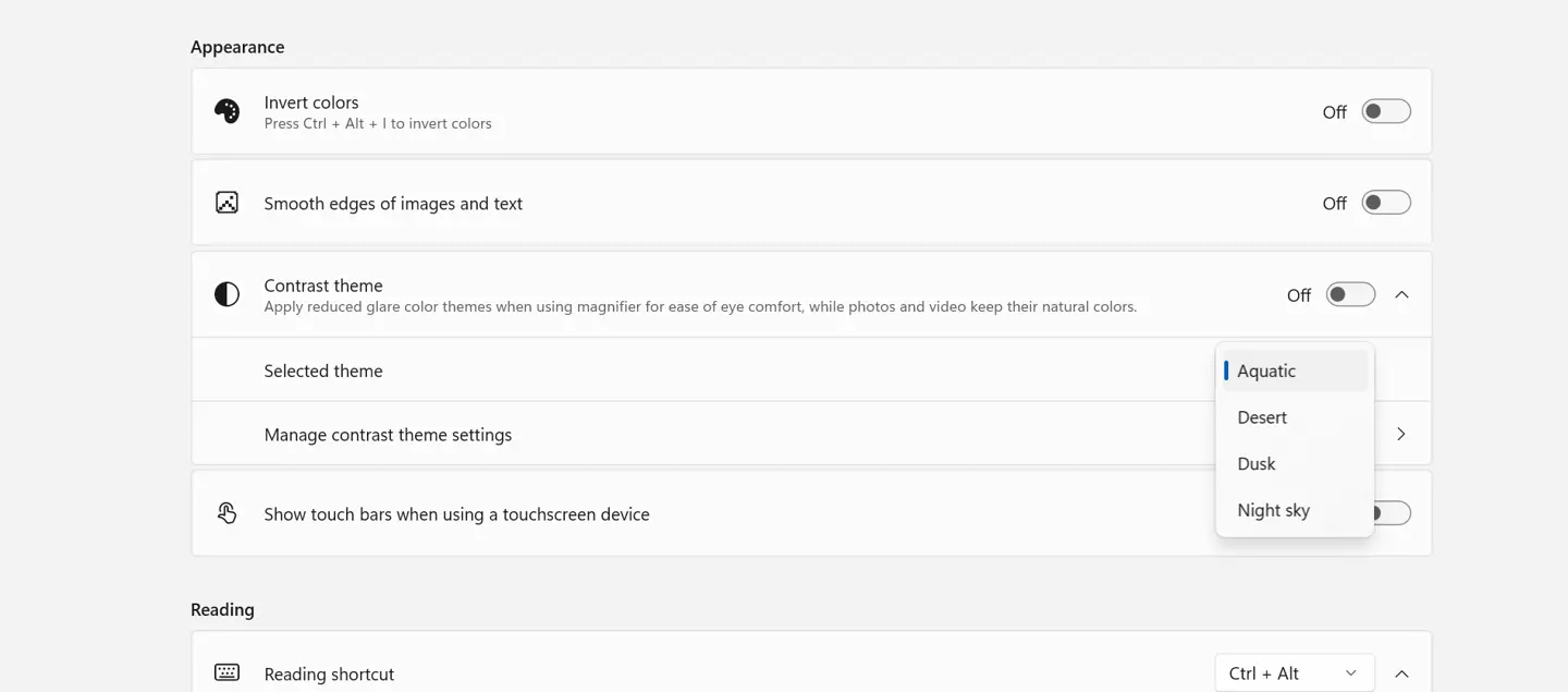 Screenshot of a UI showing contrast theme settings for Magnifier.