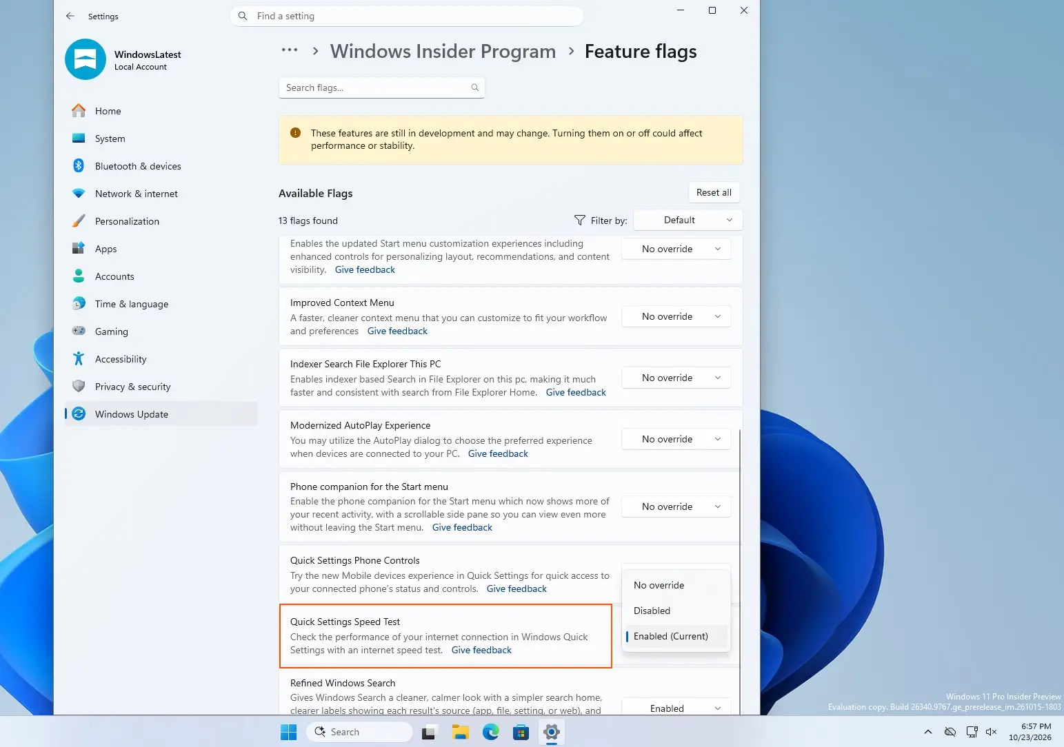 Quick Settings Speed Test in Feature flags for Windows Insider Experimental Channel
