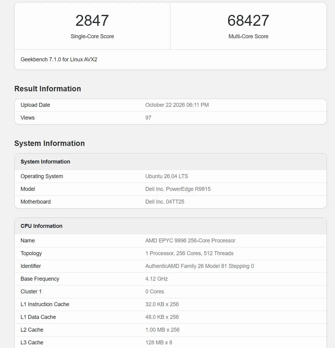 A Geekbench 7.1.0 result shows an AMD EPYC 9996 256-core processor in a Dell PowerEdge R9815 with a single-core score of 2847 and a multi-core score of 68427, operating on Ubuntu 26.04 LTS.
