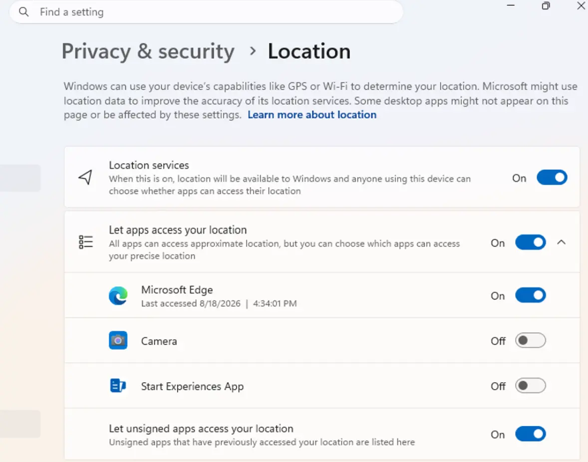 Screenshot of a UI showing the new privacy controls in Settings under Privacy and security, where you can manage camera, microphone, and location access for individual desktop apps.