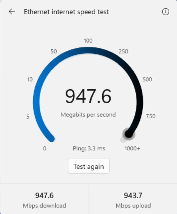Screenshot that shows internet speed test results in Windows.
