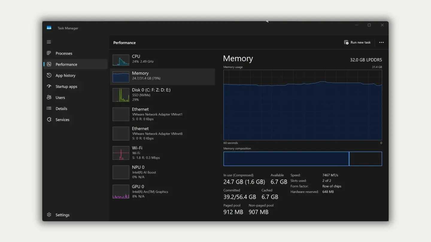 Task Manager shows committed memory and its limit separately from the RAM in use