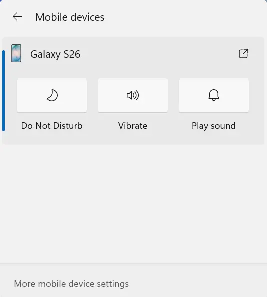 Screenshot of a UI showing Mobile devices controls in Quick Settings for managing your connected Android phone.