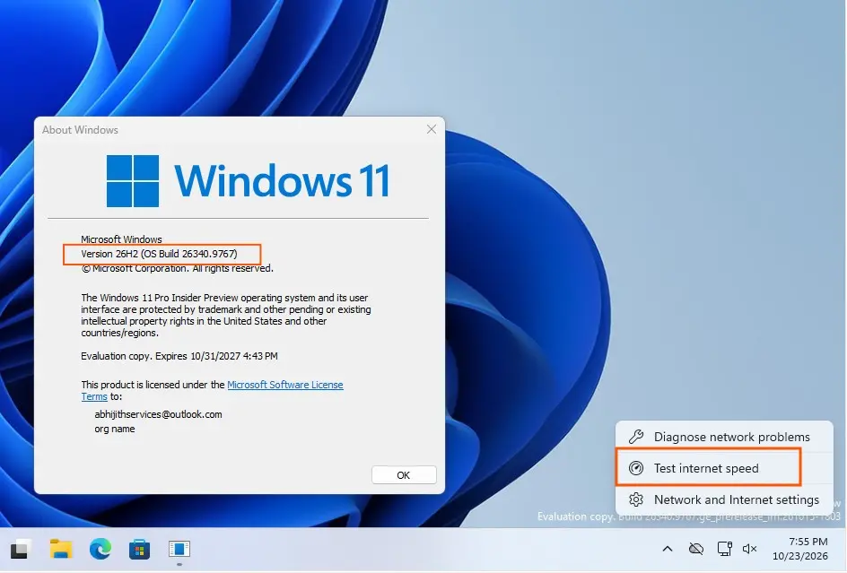 New Test internet speed shortcut in Windows 11 26H2 Insider Build 26340.9767
