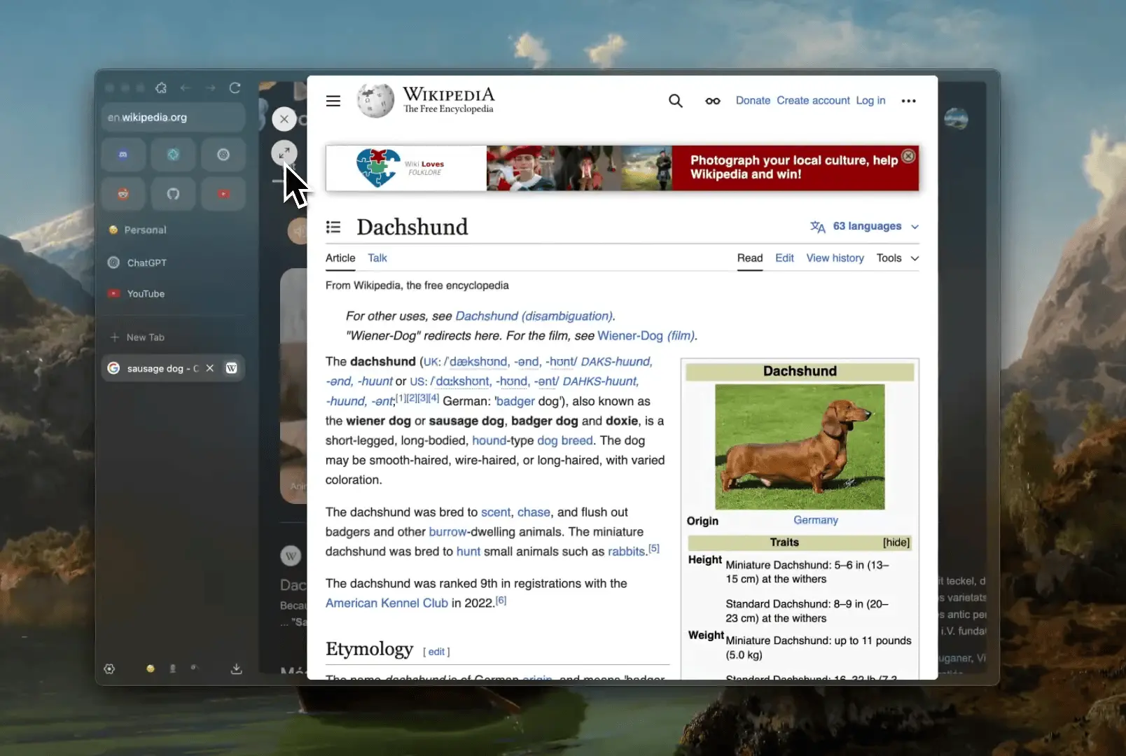 Zen Browser showing a Wikipedia tab in a pop-over Glance view.