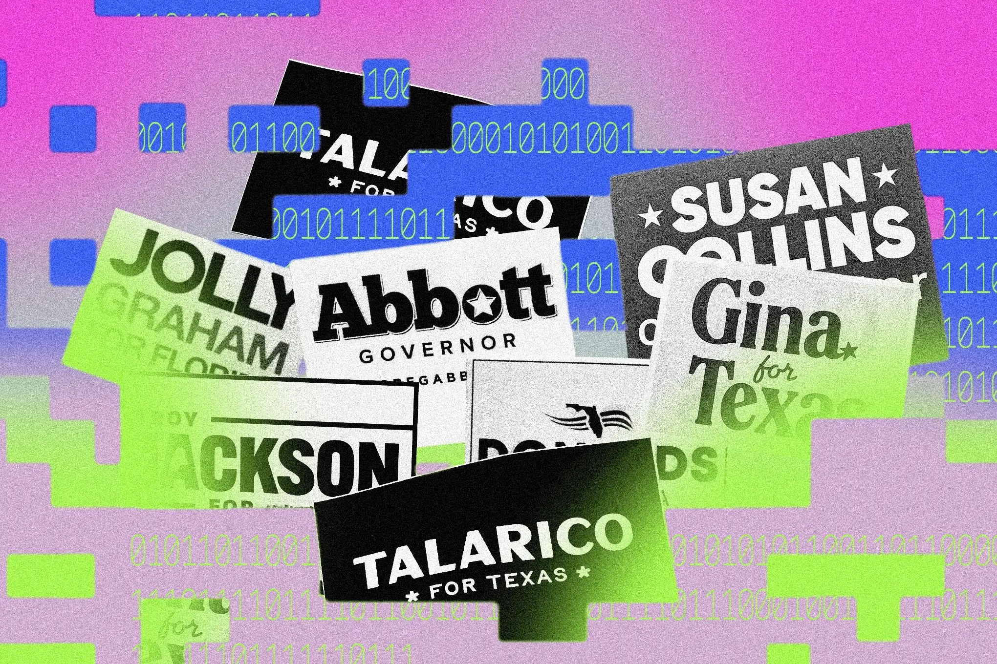 Election signs with binary and glitch effects.
