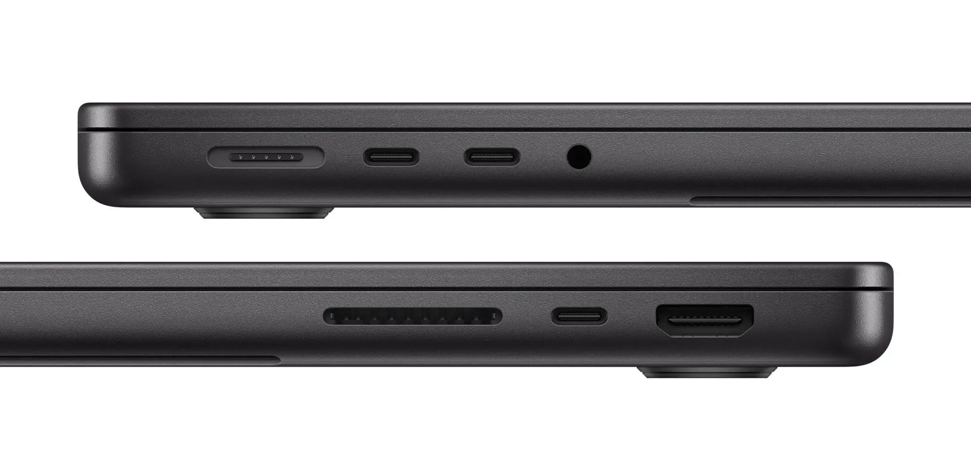 Close-ups of the left and right sides of the new MacBook Pro showing its various ports.