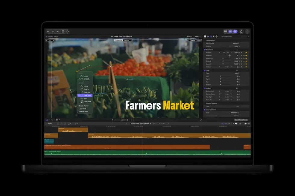 MacBook Pro 显示 Final Cut Pro 界面，展示关键帧调节。