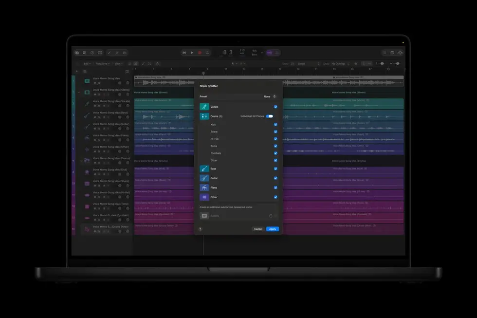 MacBook Pro 上显示着 Logic Pro 的大分轨拆分器界面。