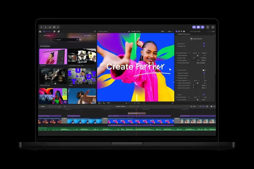 MacBook Pro 上显示着 Final Cut Pro 中的 MotionVFX 界面。