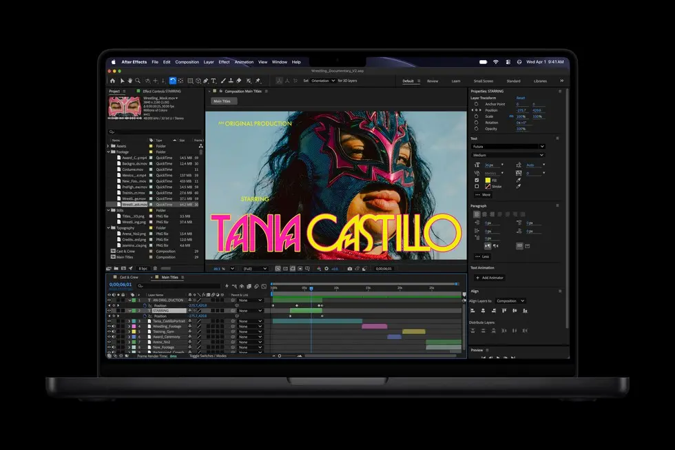 搭载 M6 芯片的 14 英寸 MacBook Pro 上展示着使用 Adobe After Effects 处理后期的一项工程。