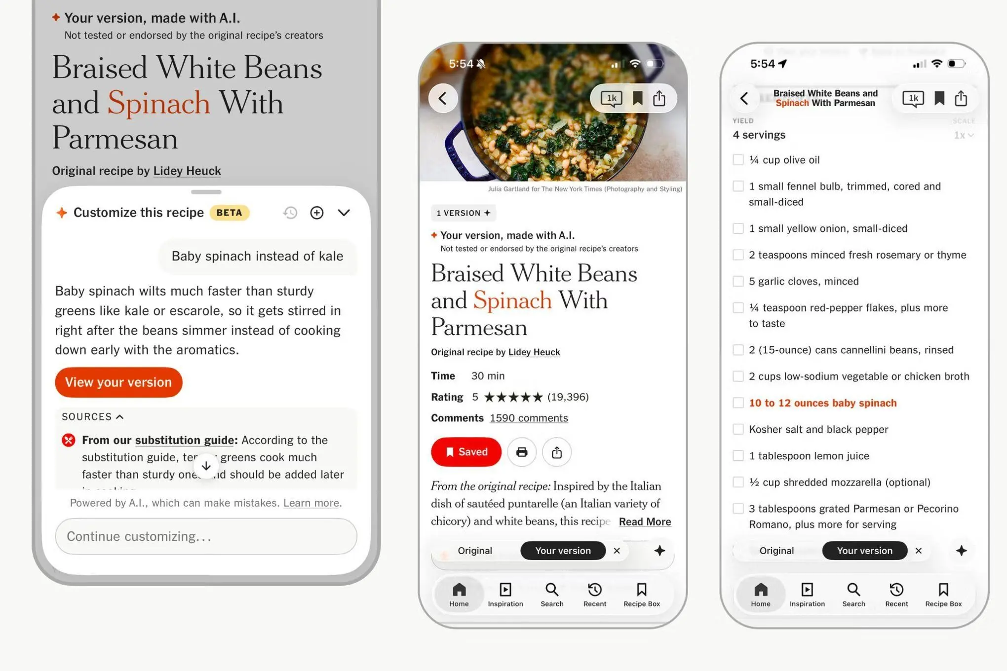 Screenshots showing the NYT Cooking app’s new AI recipe modification tool.