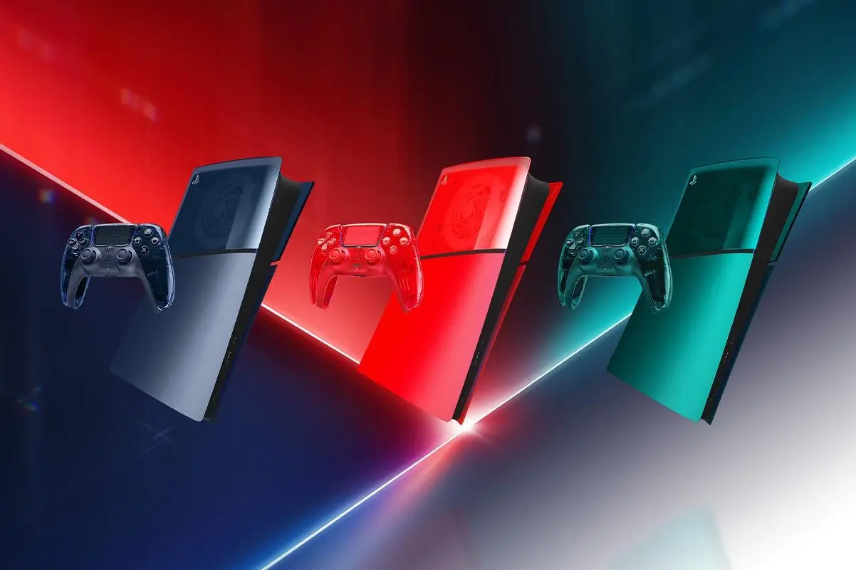 An image of a transparent PS5 DualSense controllers and PS5 console covers.