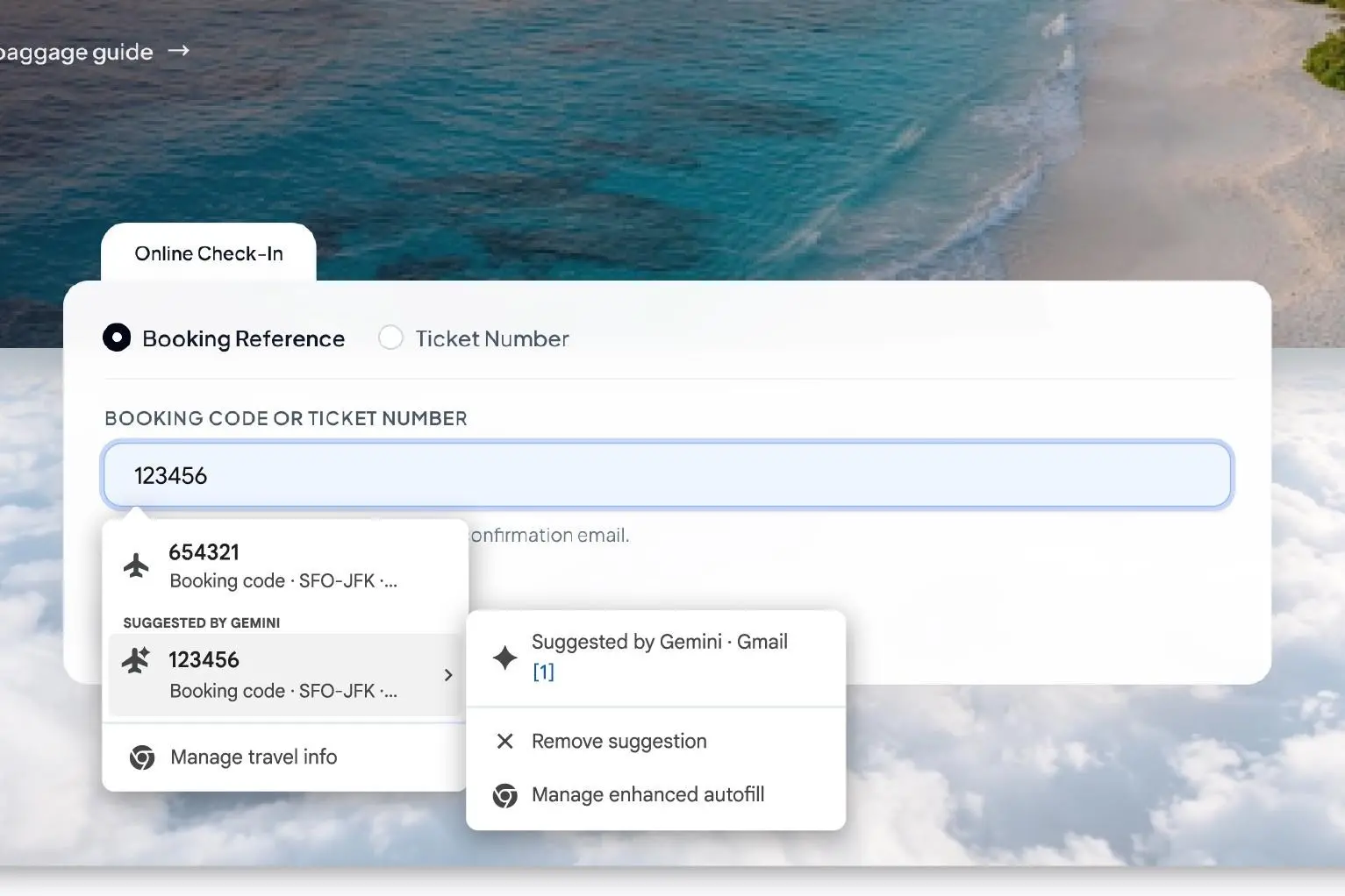 A screenshot showing a form in Google Chrome with Gemini suggesting a piece of information sourced from Gmail.
