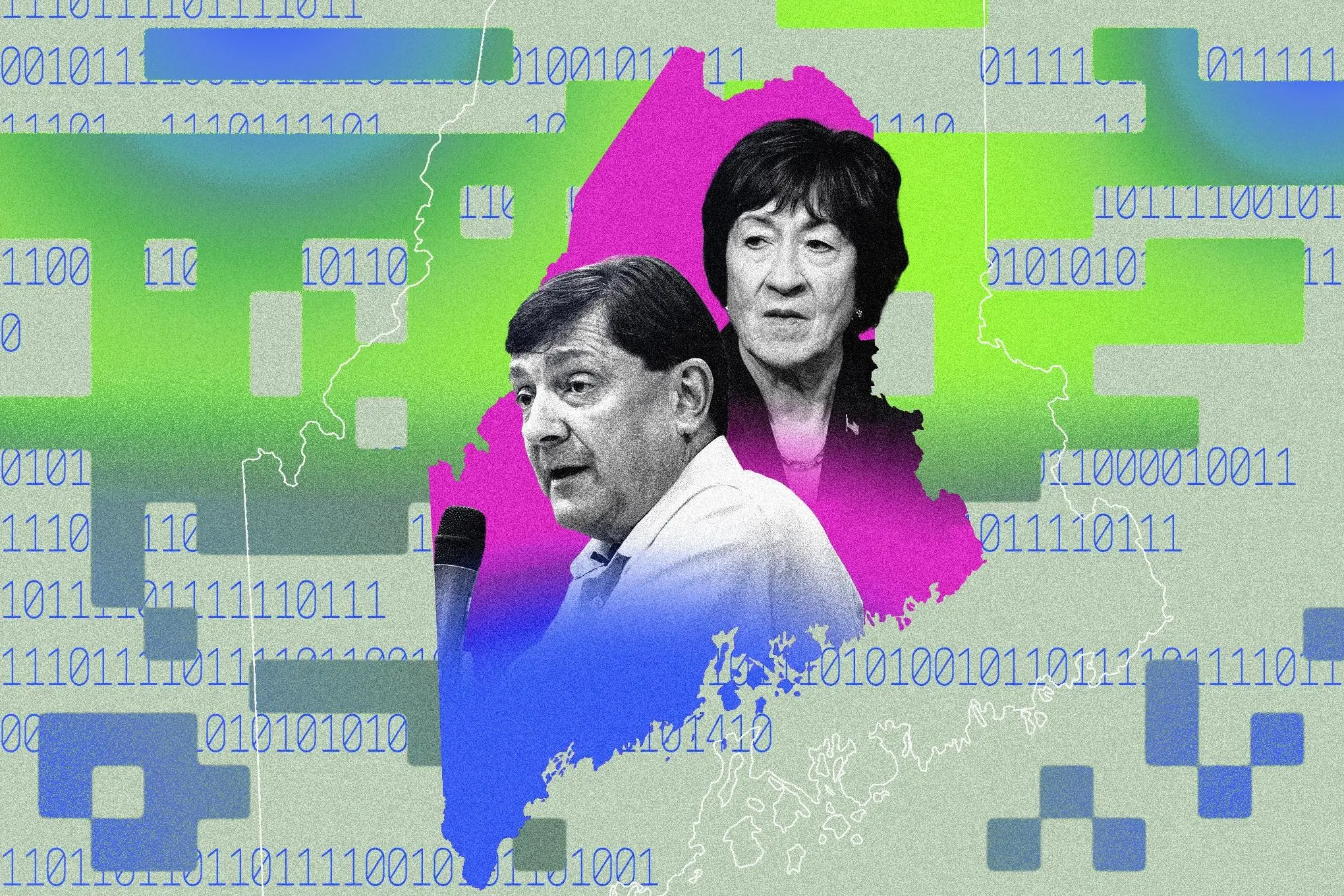 Susan Collins and Troy Jackson in the shape of Maine with glitchy effects.