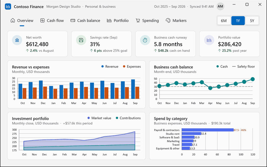 Sample finance app in dark and light themes made with Charts in WinUI